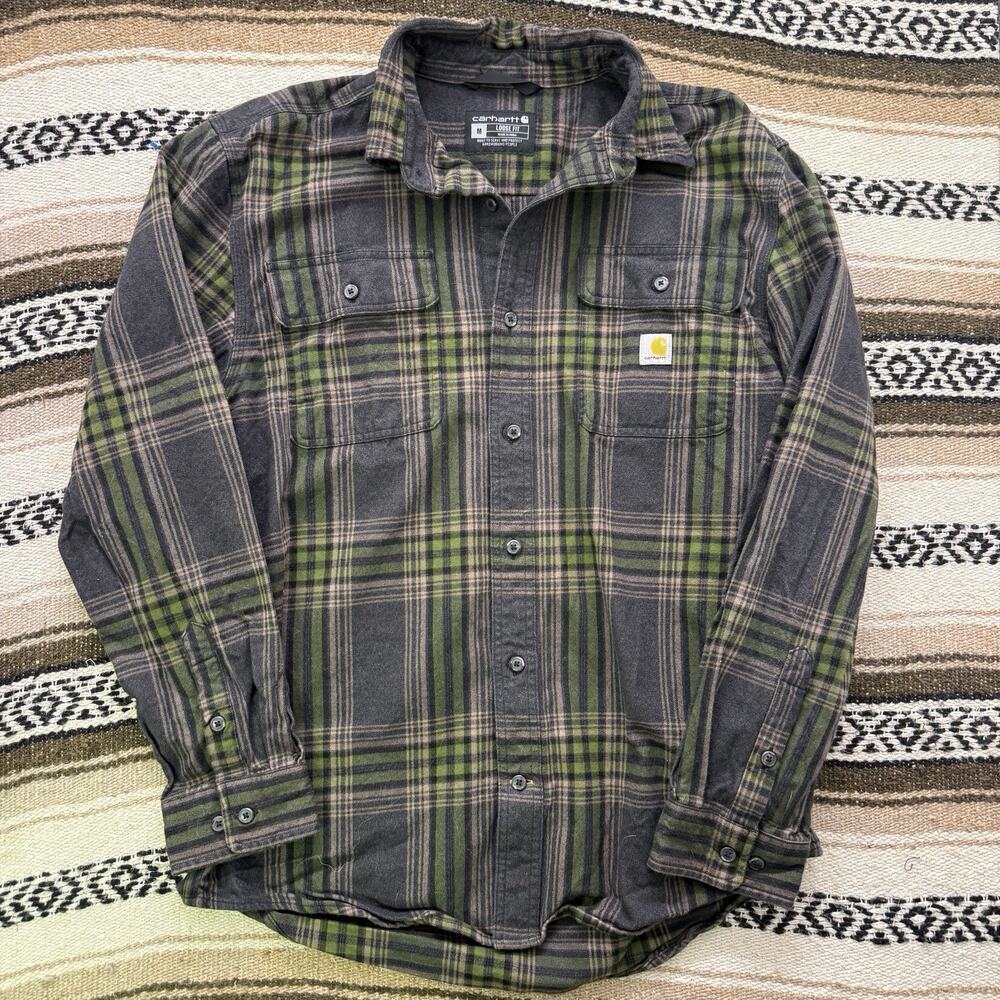 Men's Carhartt Loose Fit Heavyweight Green Plaid Flannel Long Sleeve Shirt Sz M